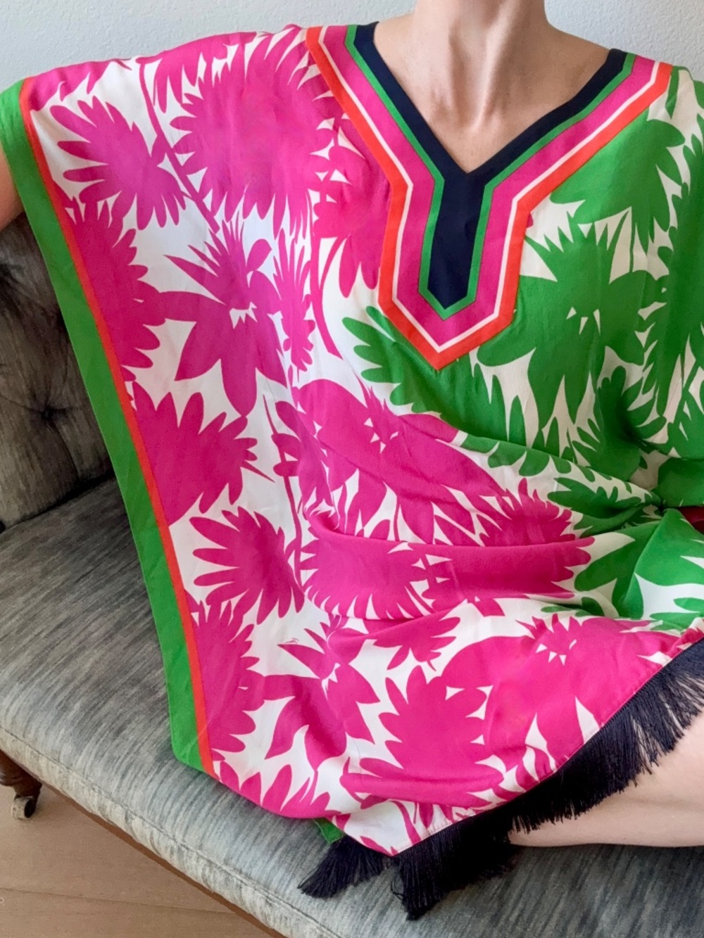 Trina Turk Silk Caftan Mini Dress Pink Green Tropical Resort Fringe Hem Small